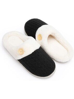 Women's Black Warm Comfy Memory Foam Knitted Shoes Faux Fur Lined Slippers